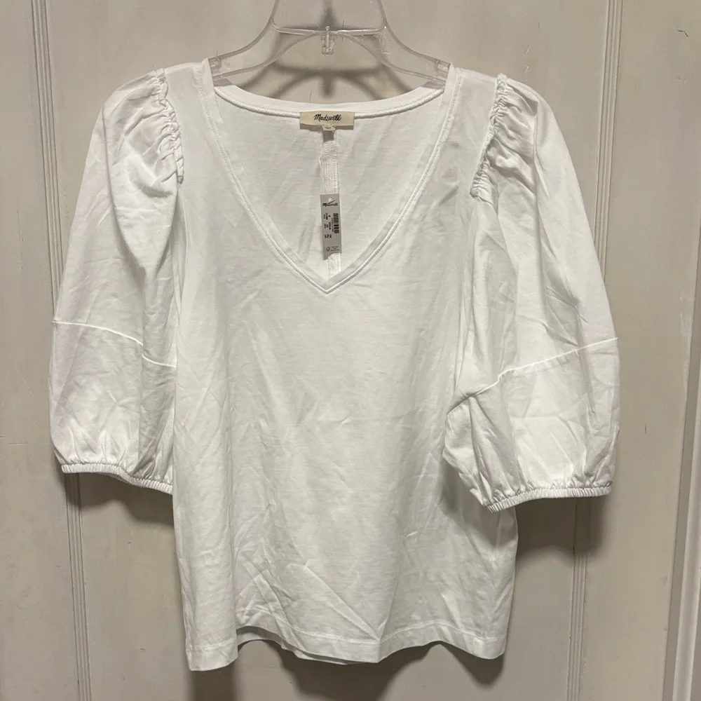 Madewell White V-Neck Puffy Sleeve V-Neck Tee Brand New